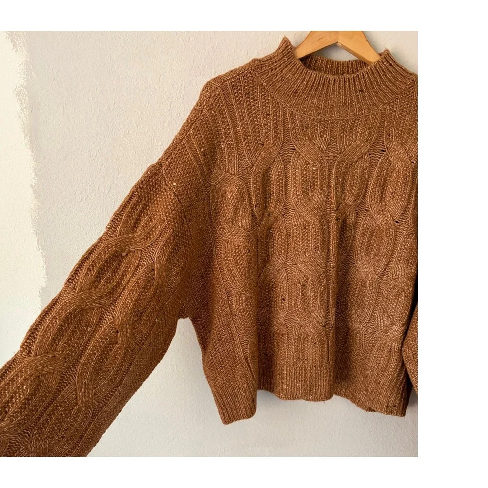 NWT ana Womens Cable Knit Funnel Neck Sweater XXL Brown Pullover Cozy Chunky